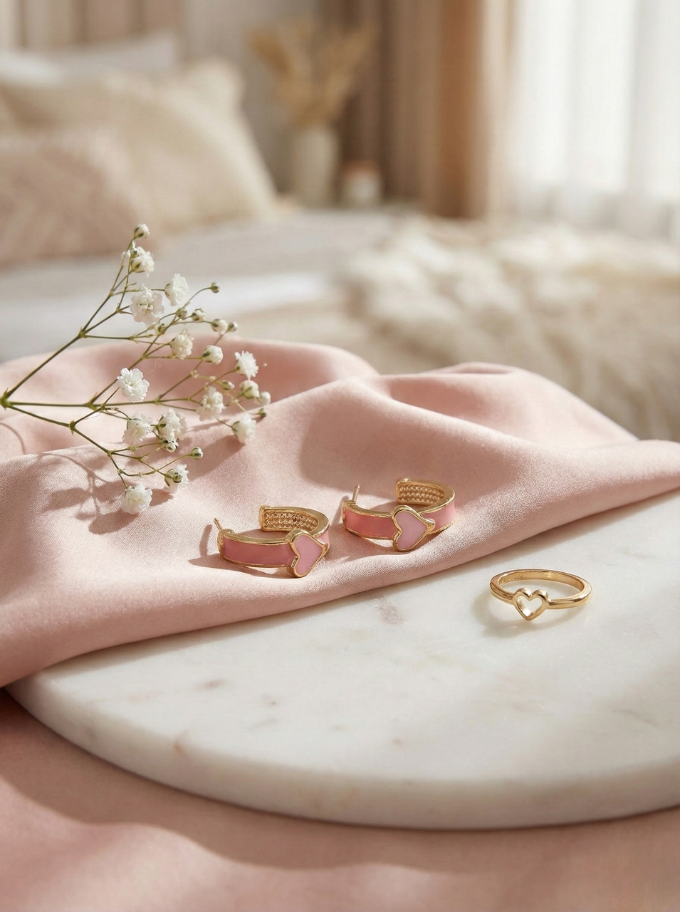 Gold and pink rings on a marble surface with pink fabric and flowers.
