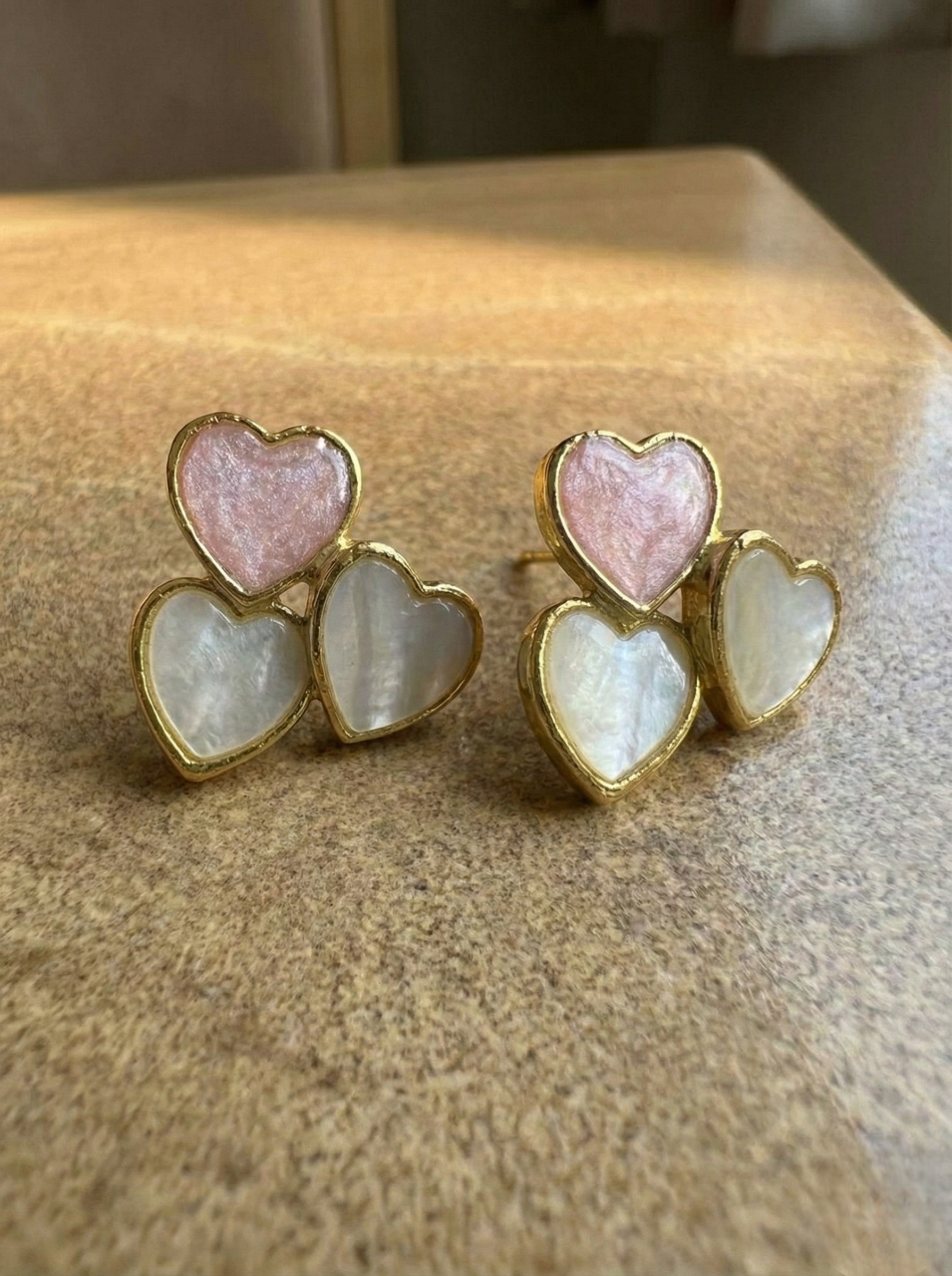 Blush & White Triple Heart Shell Stud Earrings - Gold
