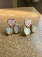 Blush & White Triple Heart Shell Stud Earrings - Gold
