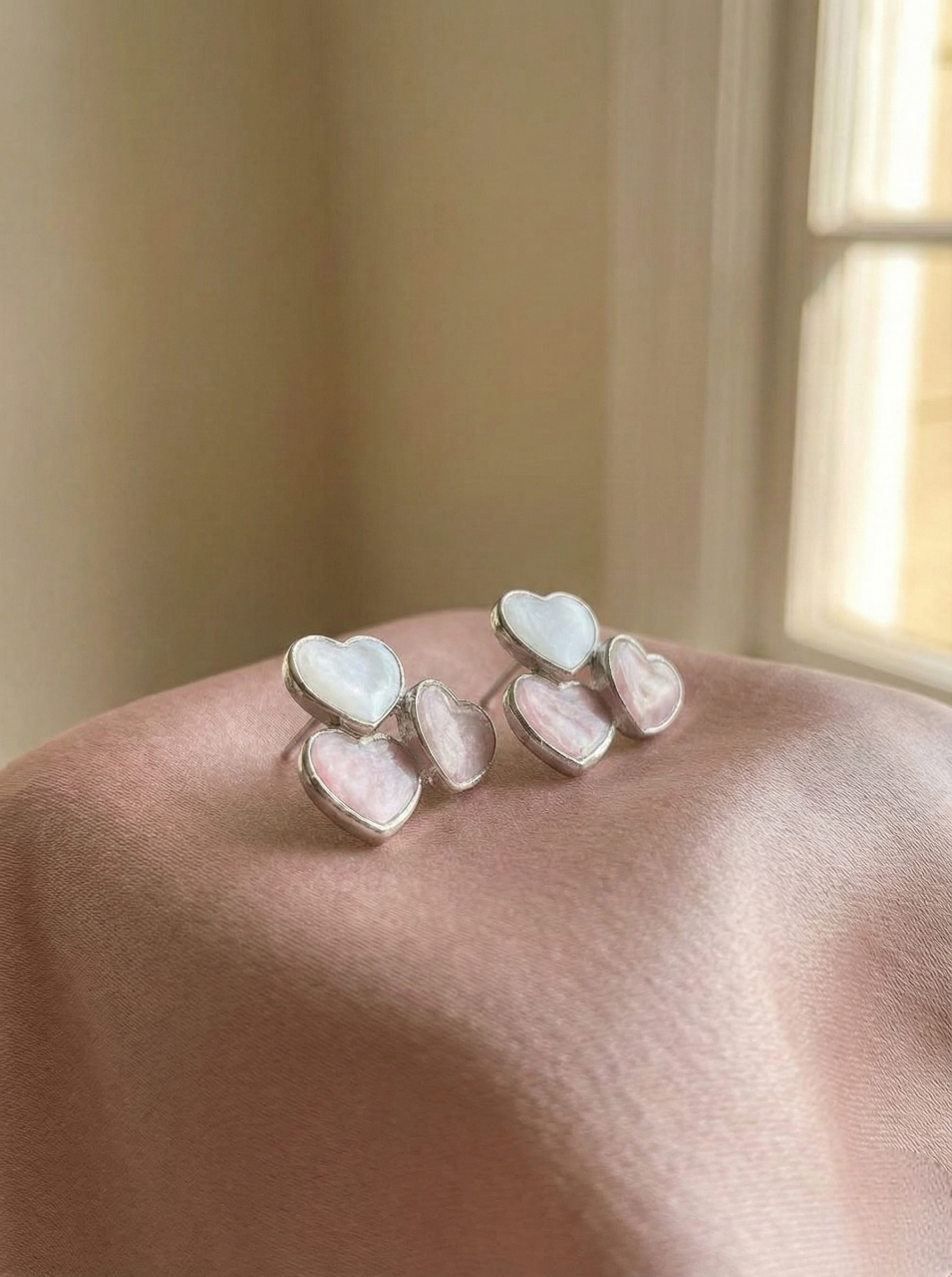 Blush & White Triple Heart Shell Stud Earrings - SIlver