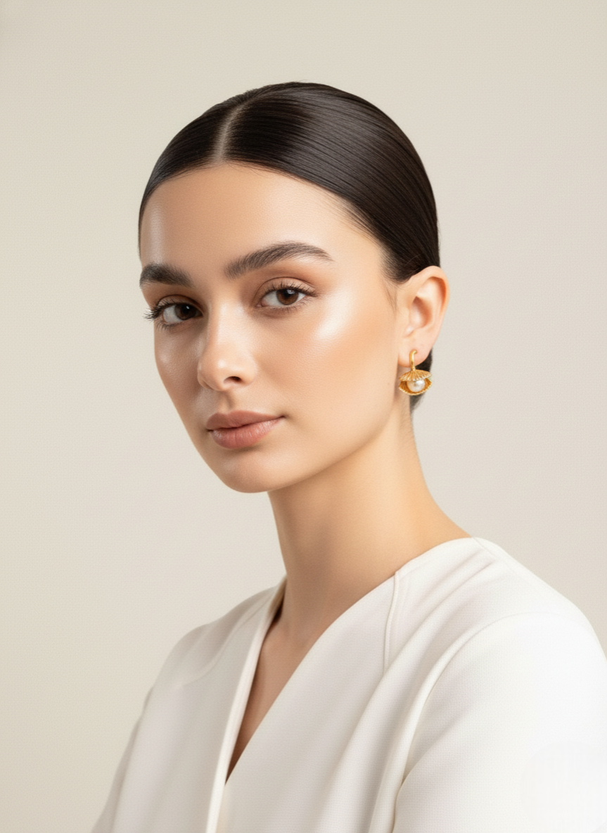 Golden Shell Pearl Drop Earrings