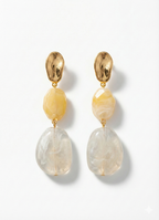 Pair of earrings with gold tops, yellow beads, and clear stone drops on a white background