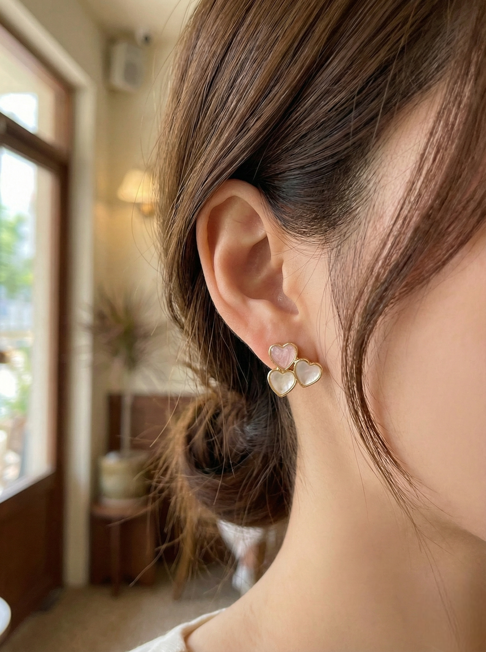Blush & White Triple Heart Shell Stud Earrings - Gold