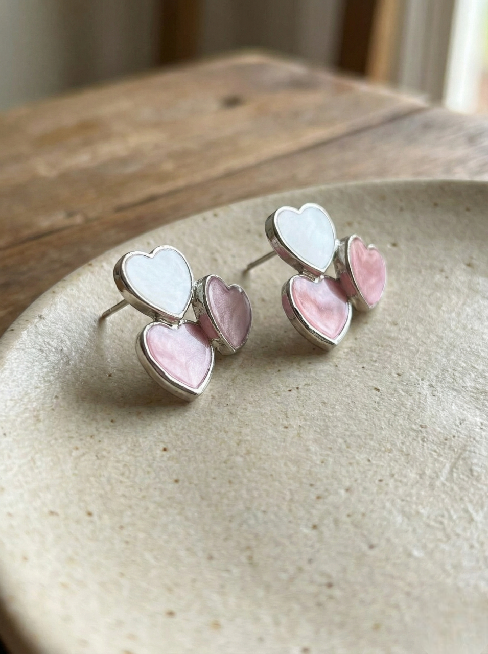 Blush & White Triple Heart Shell Stud Earrings - SIlver
