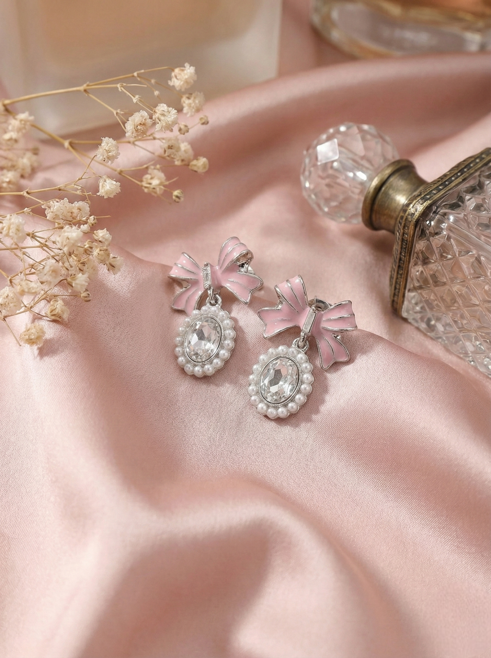 Pair of earrings with pink bow accents on a pink fabric background