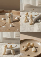 Collage of pearl earrings and bracelet on a neutral background