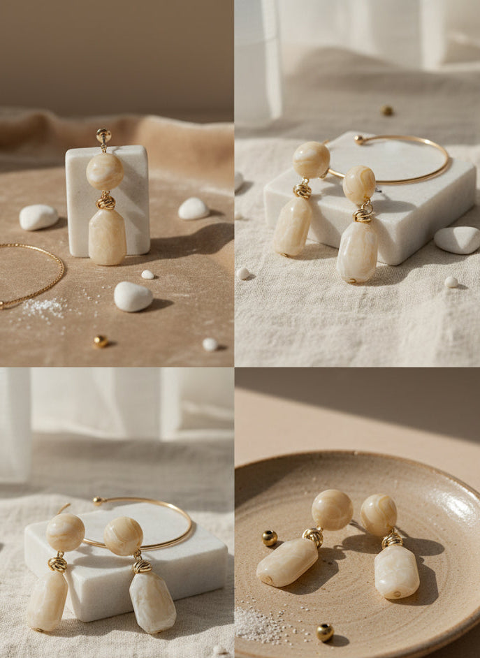 Collage of pearl earrings and bracelet on a neutral background