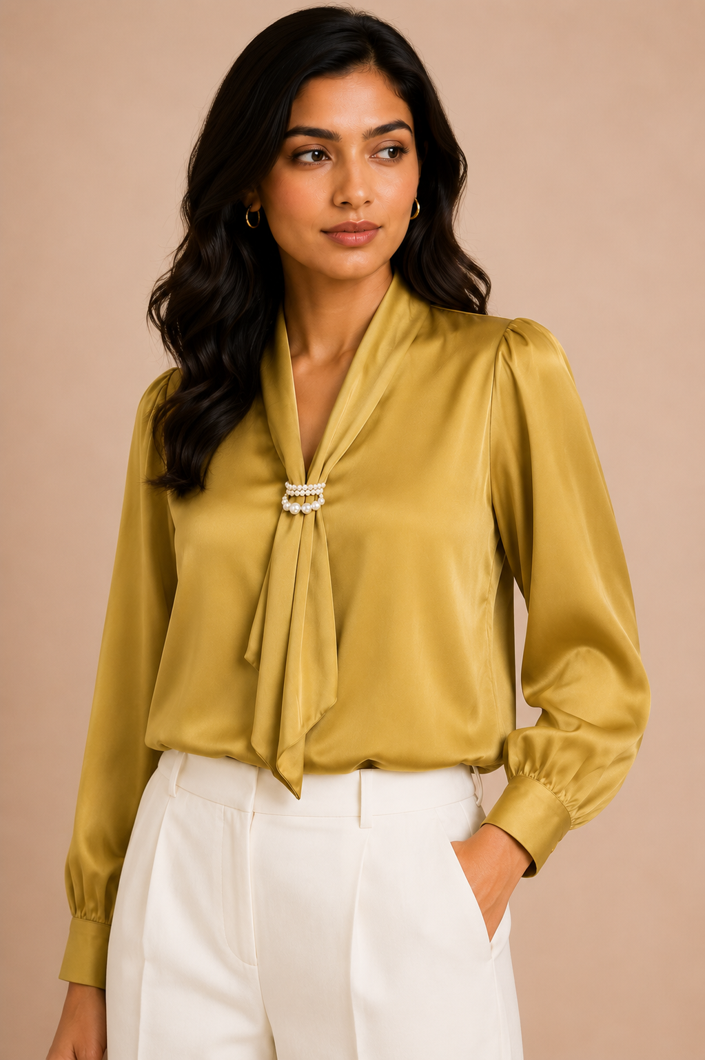 Woman wearing a mustard yellow satin blouse with a beige background