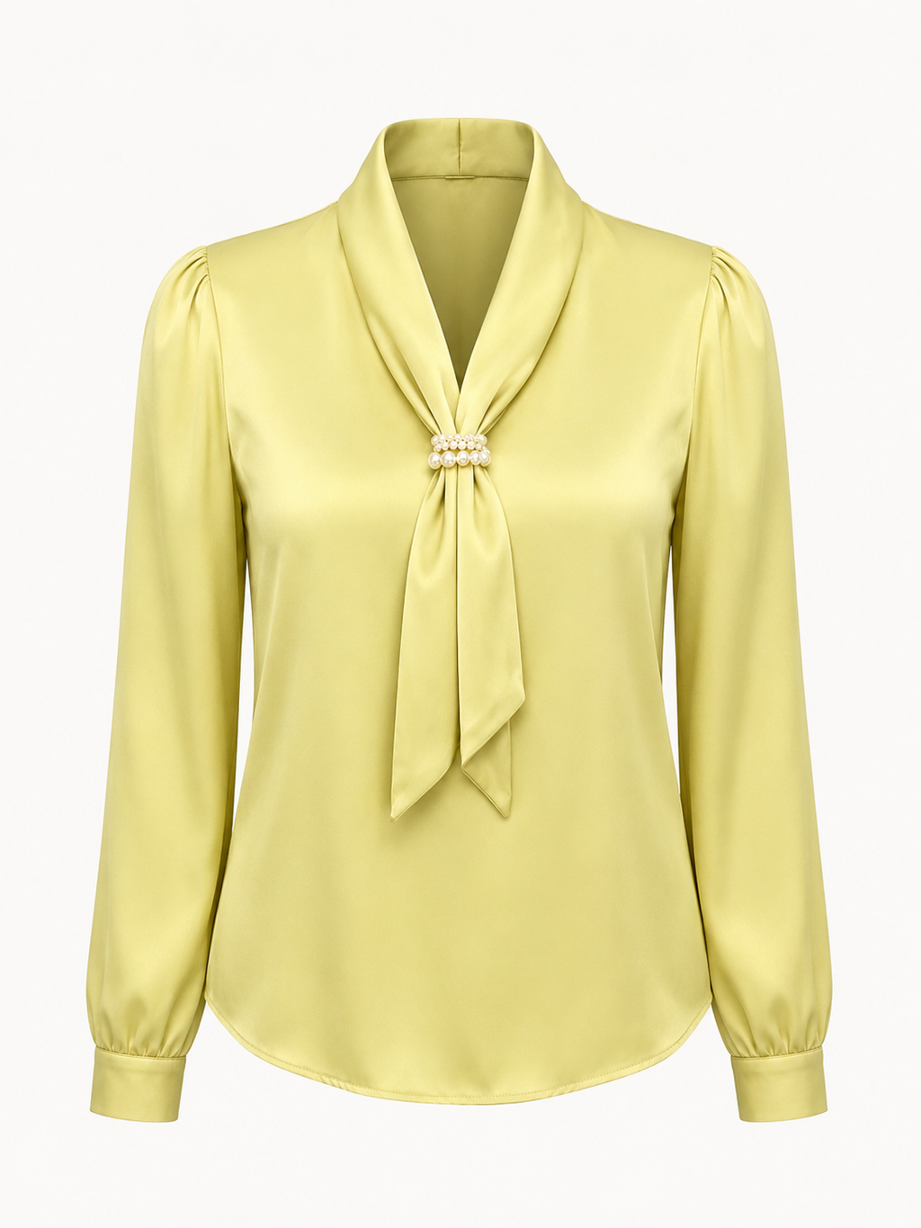 Yellow blouse with a tie neckline on a white background