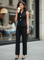 Woman in a black suit holding a coffee cup outdoors.