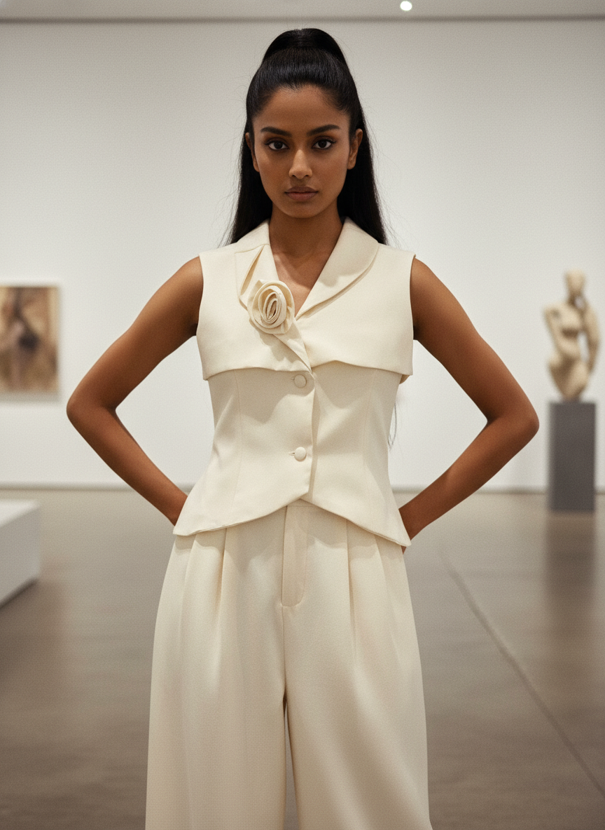 Woman wearing a cream-colored sleeveless top with a floral detail and wide-leg pants in an indoor setting.