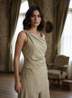 Woman in a beige dress standing in a room with patterned wallpaper and furniture.