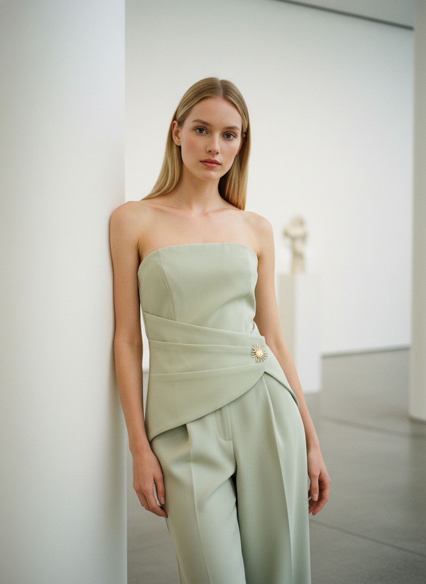 Woman wearing a light green strapless top and pants in an indoor setting