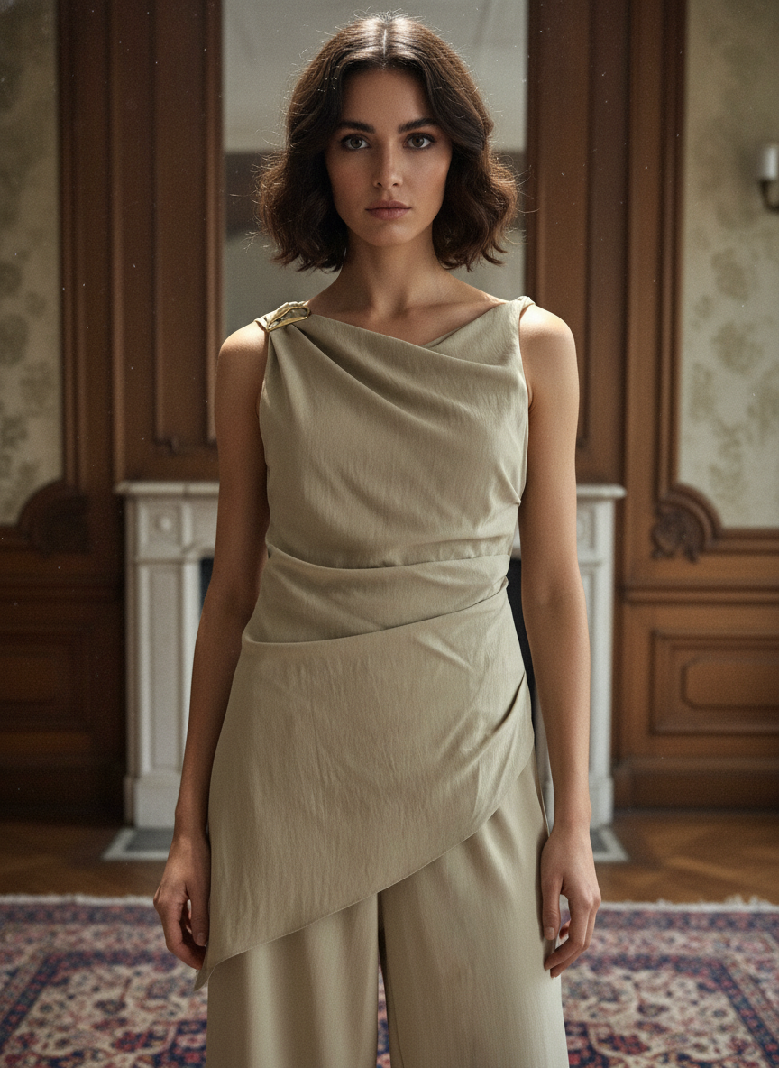 Woman wearing a beige dress in an elegant room with wooden paneling and a fireplace.