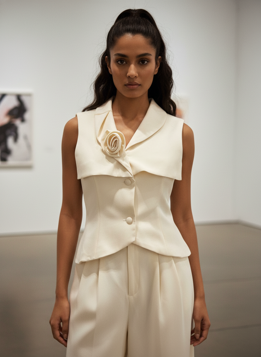 Woman wearing a white sleeveless top with a floral detail and white pants in an indoor setting.