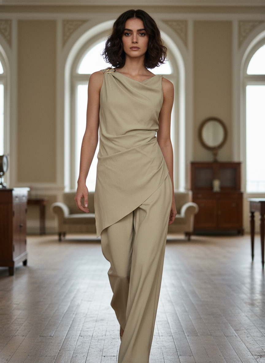 Woman in a beige dress standing in an elegant room with wooden floors and arched windows.