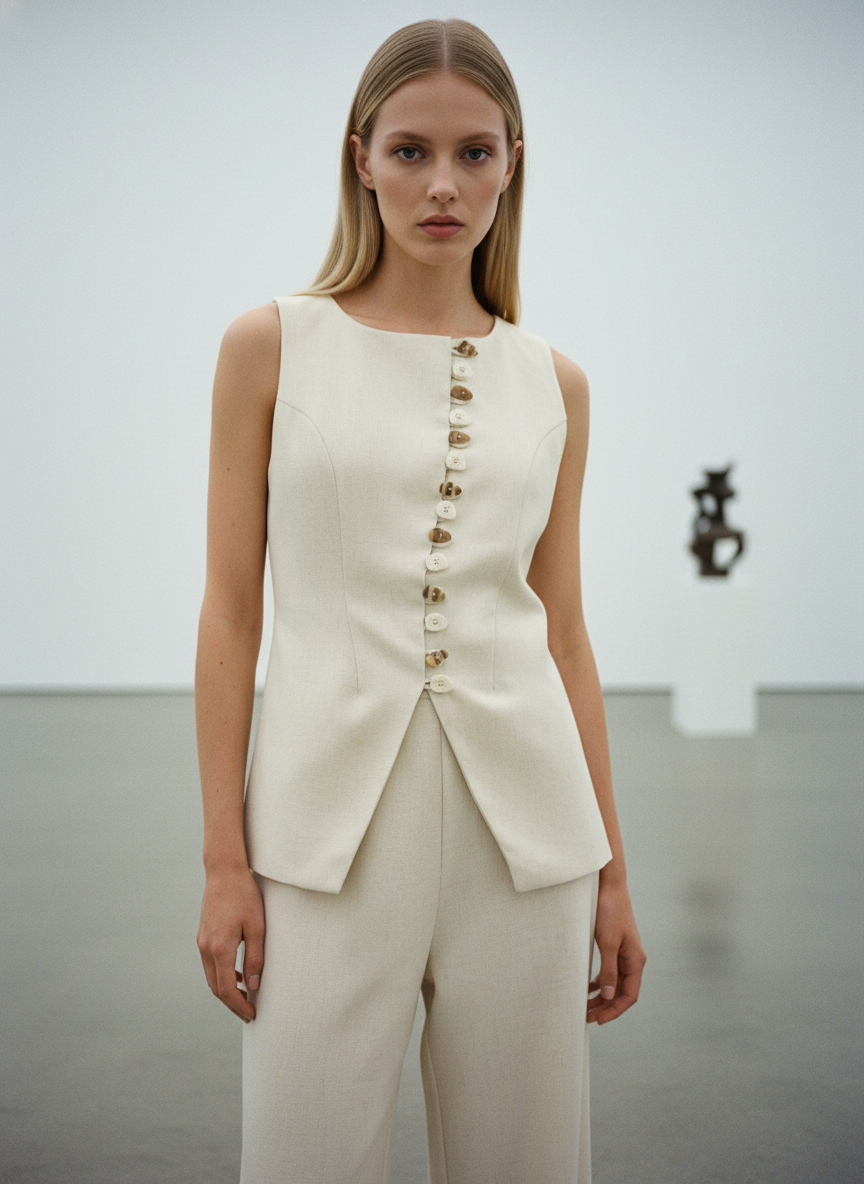 Woman wearing a cream-colored sleeveless blazer with buttons and matching pants in an indoor setting.