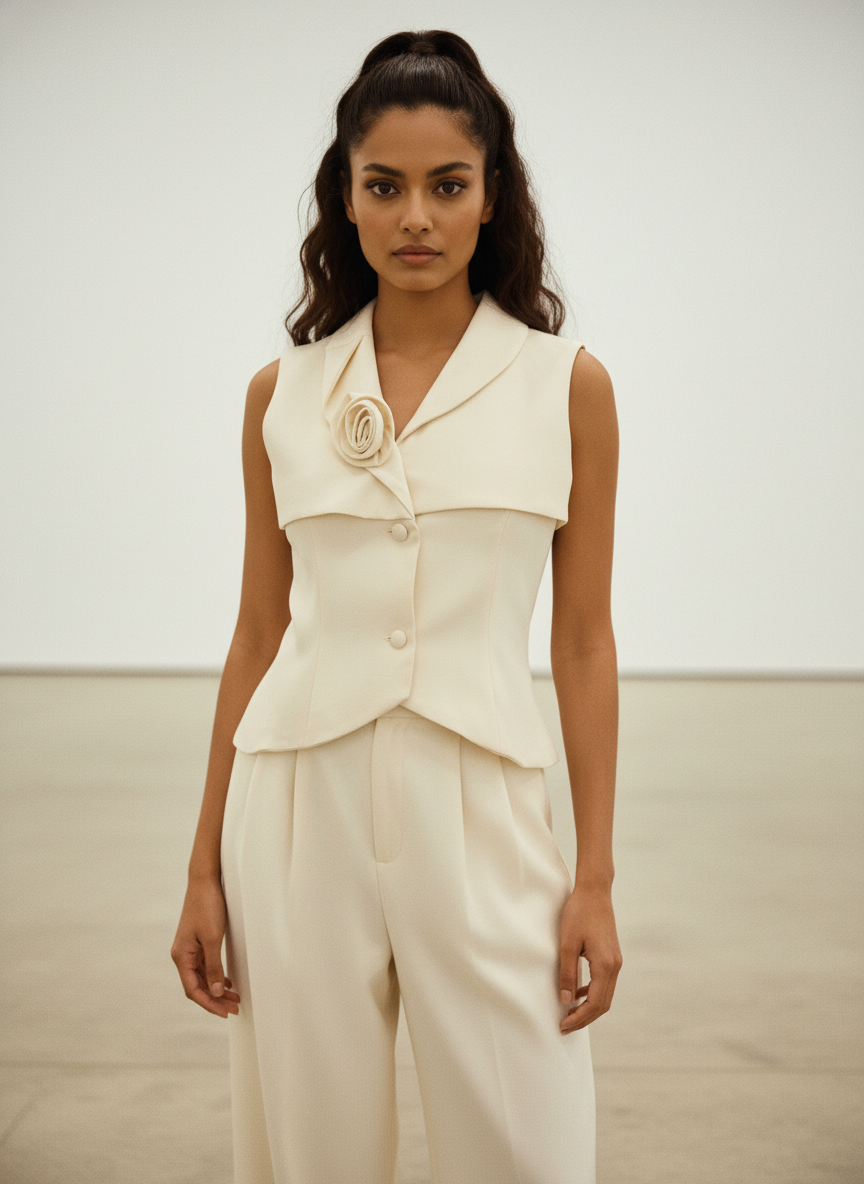 Woman wearing a cream-colored sleeveless top with a floral detail and matching pants against a neutral background.