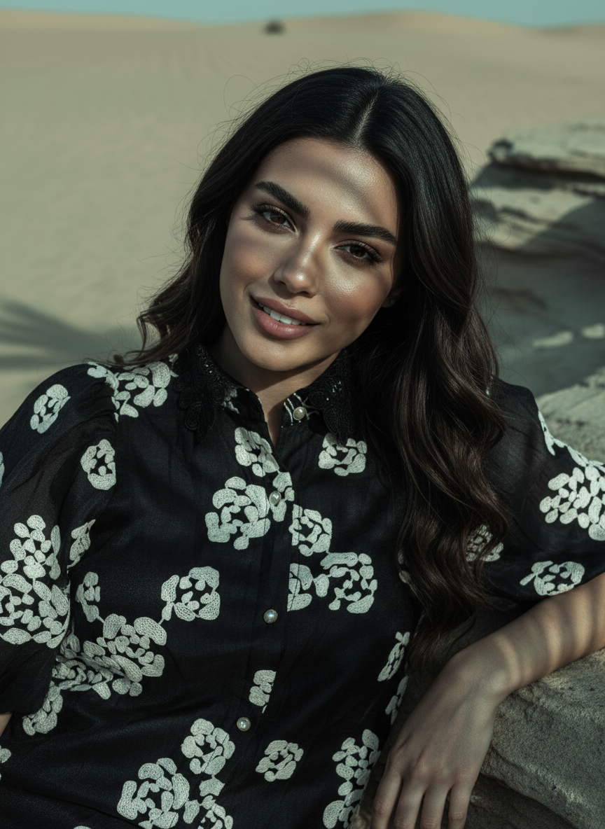Woman in a black floral dress sitting in a desert setting