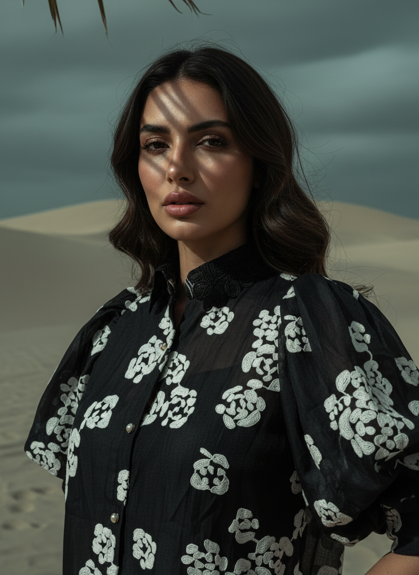 Woman wearing a black floral dress in a desert setting
