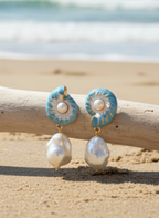 Blue Shell Pearl Drop Earrings