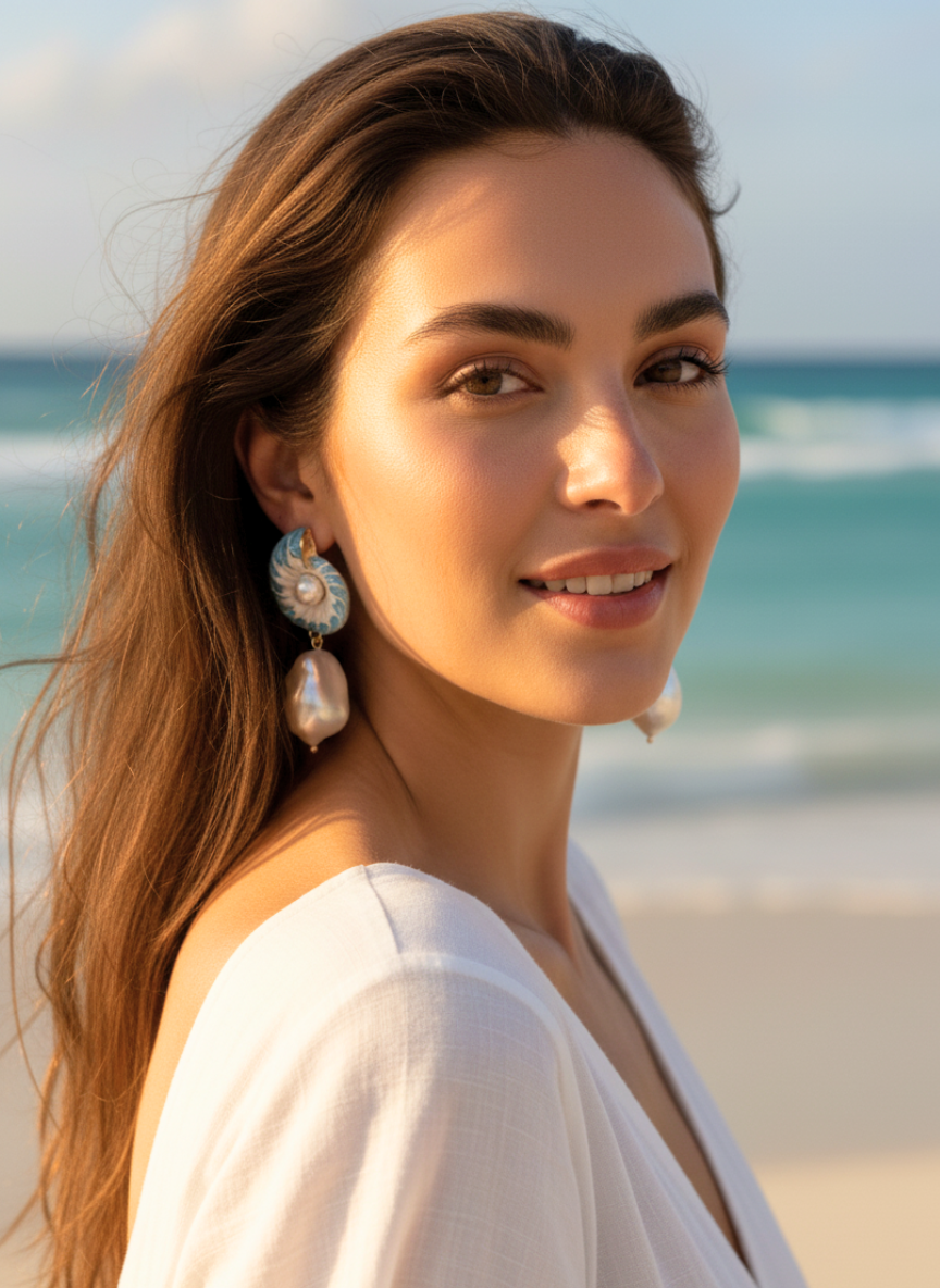 Blue Shell Pearl Drop Earrings