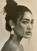 Black and white portrait of a woman wearing large earrings with a neutral background