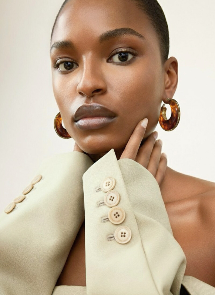 Woman wearing large hoop earrings and a beige outfit with button details on a neutral background