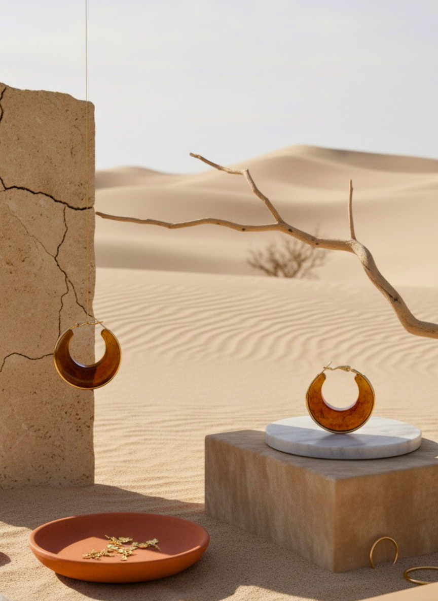 Decorative earrings on a stone surface with desert landscape in the background