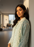 Woman in a light green traditional outfit standing against a wall indoors.