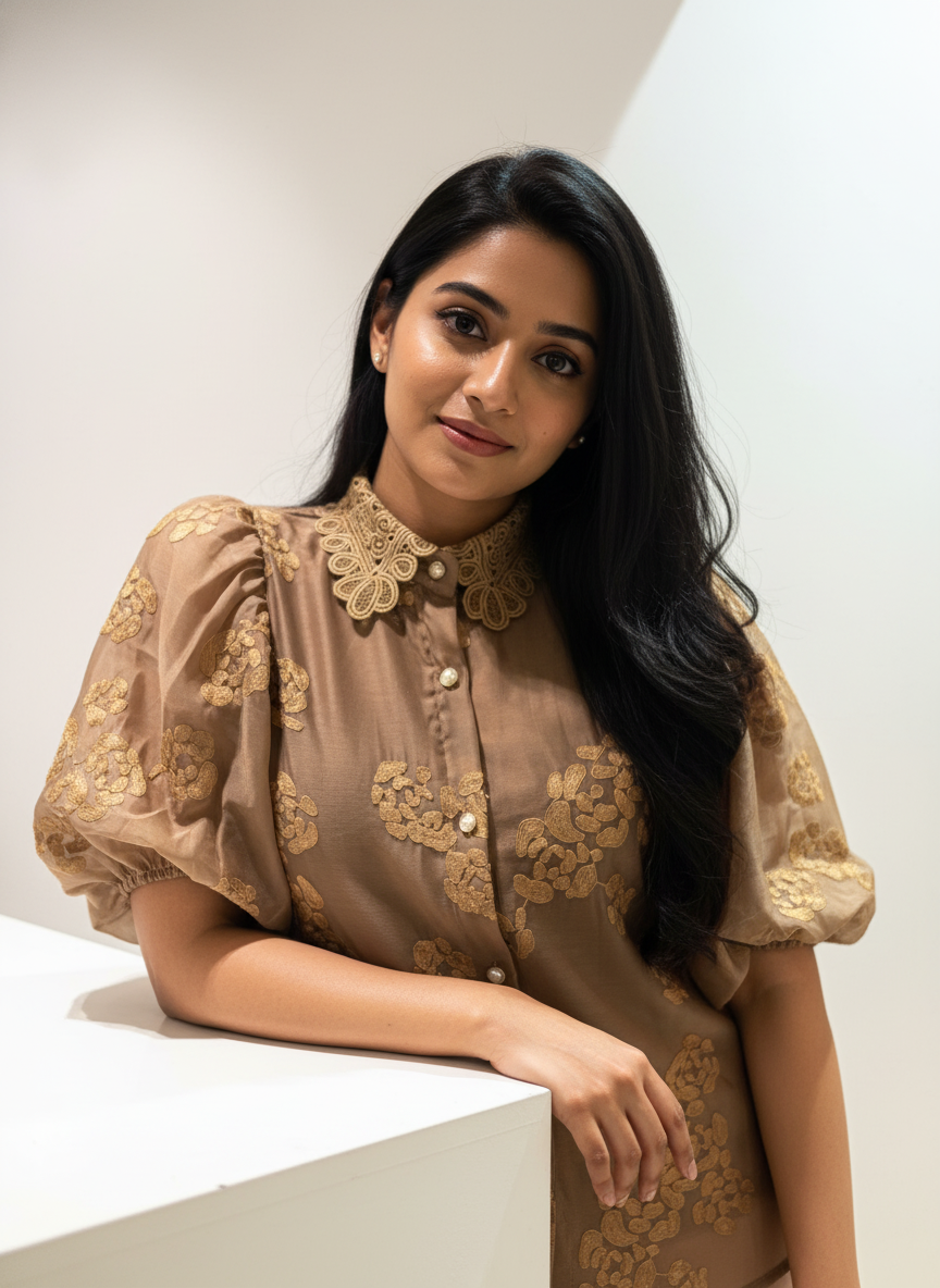 Woman wearing a brown dress with gold embroidery against a white background