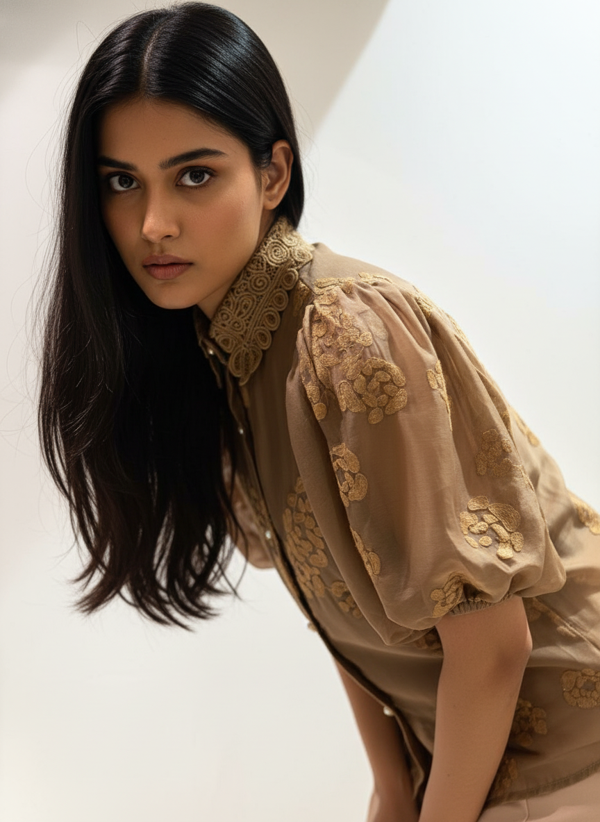 Woman wearing a beige embroidered blouse against a neutral background