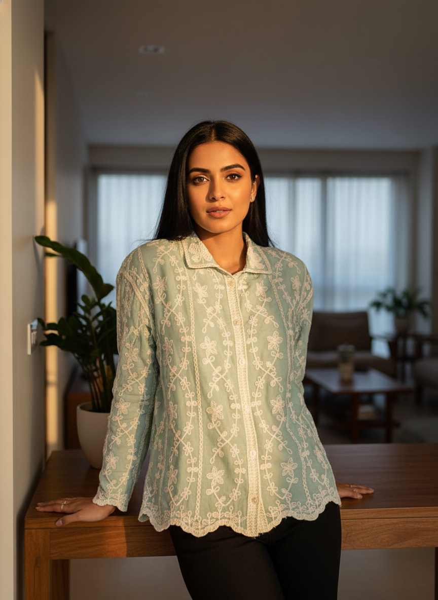 Woman standing indoors wearing a light-colored lace blouse.