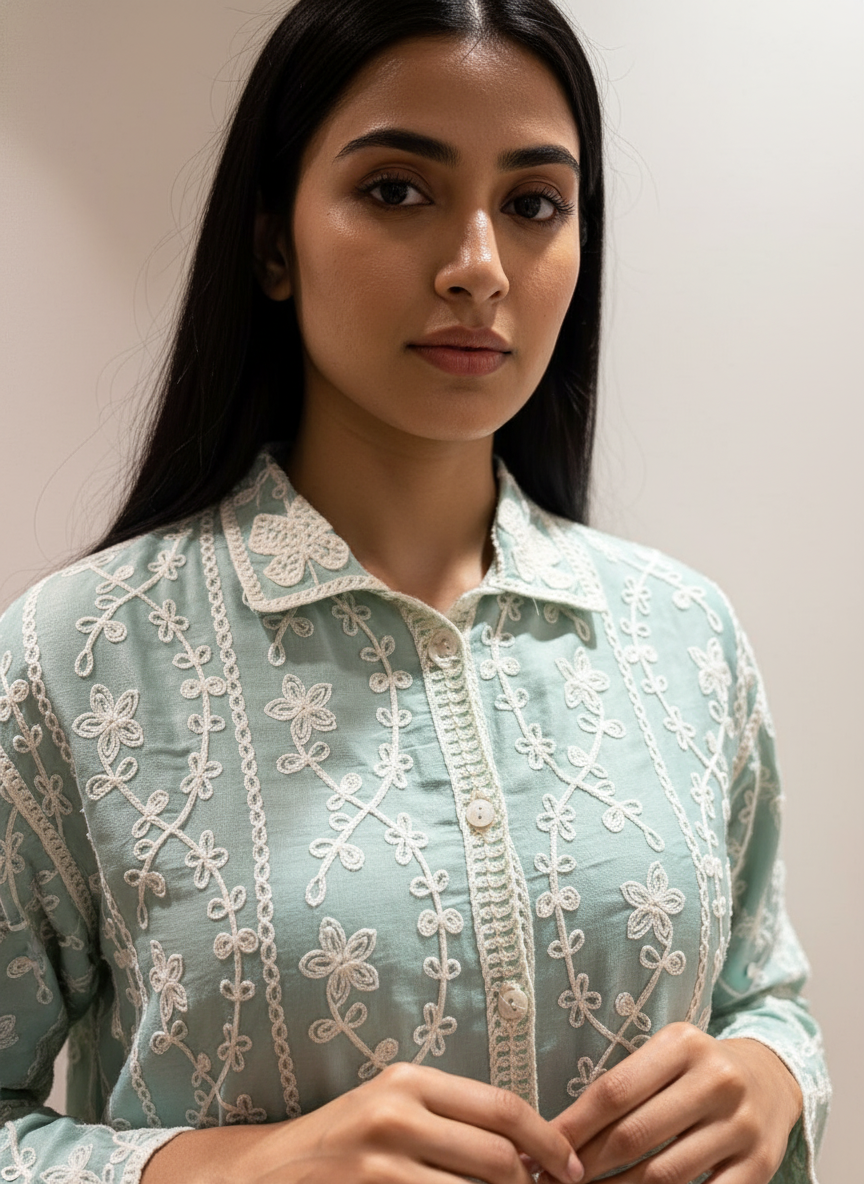 Woman wearing a light blue embroidered shirt against a plain background