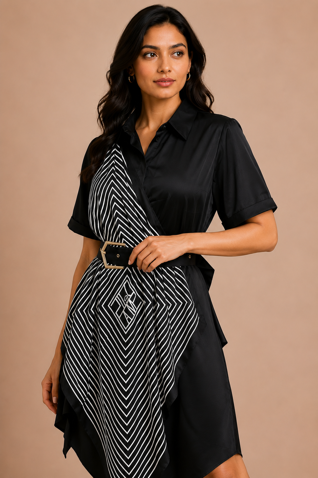 Woman wearing a black dress with a patterned wrap over beige background