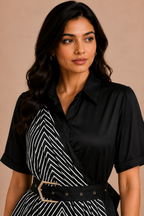 Woman wearing a black and white dress with a belt against a beige background