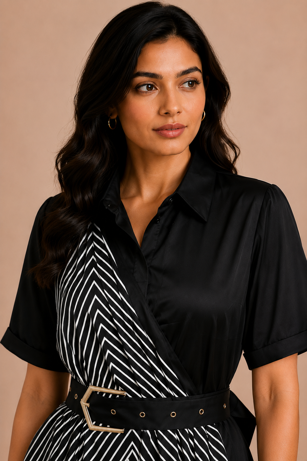 Woman wearing a black and white dress with a belt against a beige background