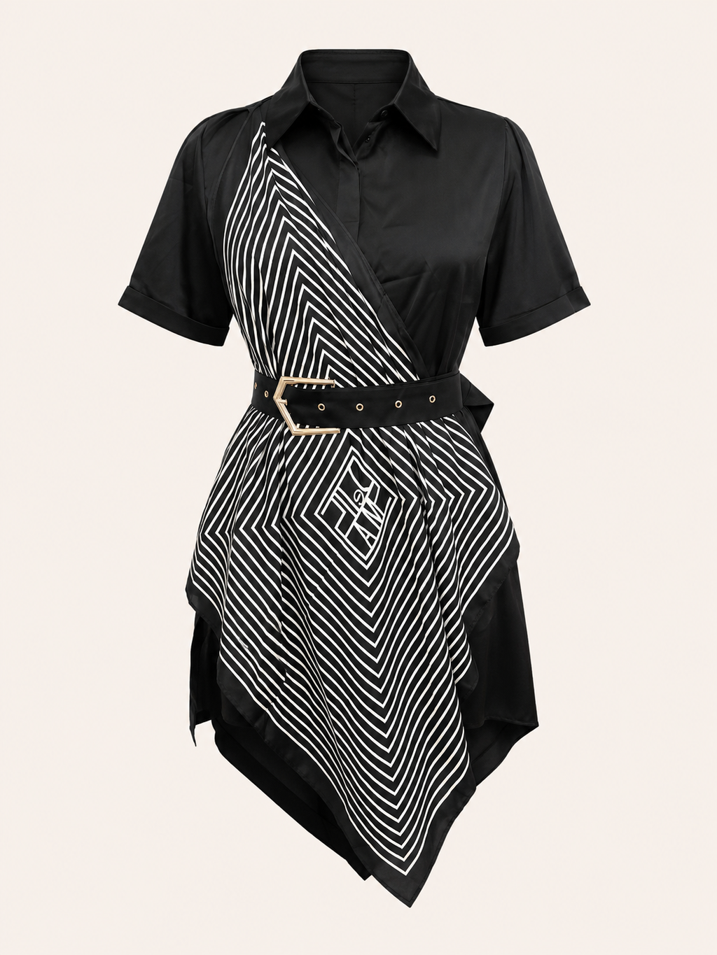 Black dress with white geometric pattern on a beige background