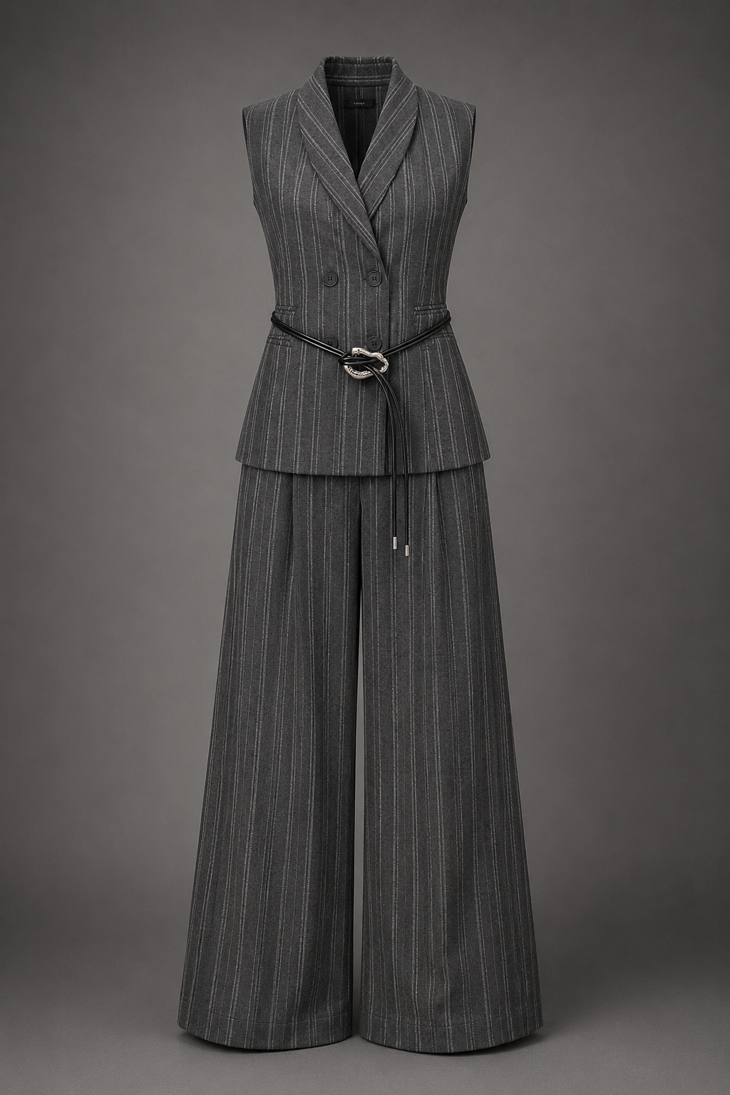 Gray pinstripe suit with vest and wide-leg pants on a gray background