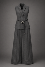 Gray pinstripe suit with vest and wide-leg pants on a gray background
