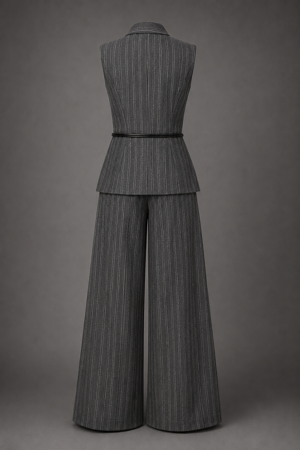 Gray pinstripe suit with wide-leg pants on a gray background