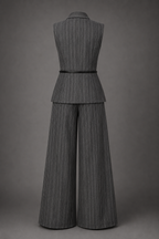 Gray pinstripe suit with wide-leg pants on a gray background