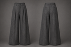 Pair of gray pinstripe wide-leg pants on a gray background