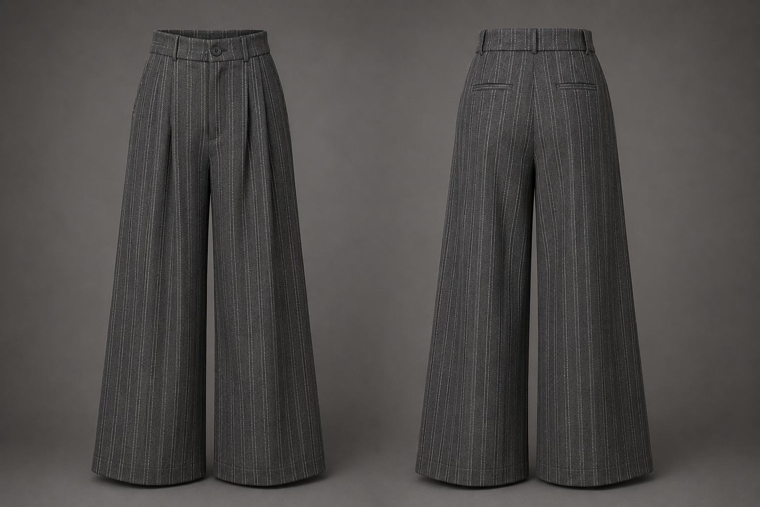 Pair of gray pinstripe wide-leg pants on a gray background