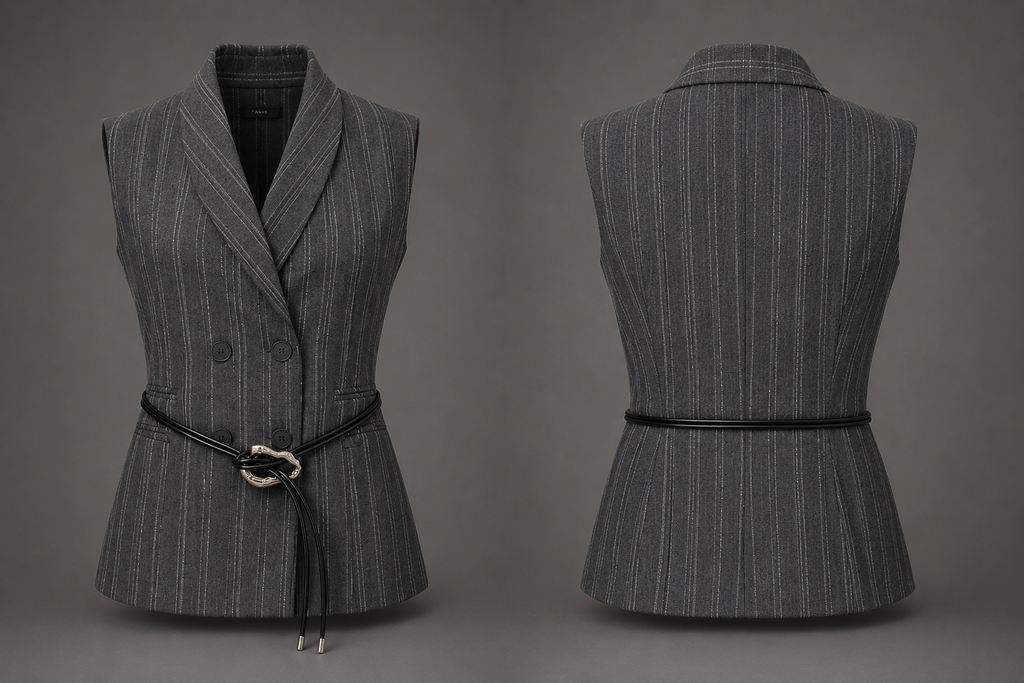 Gray pinstripe vest with a belt on a gray background