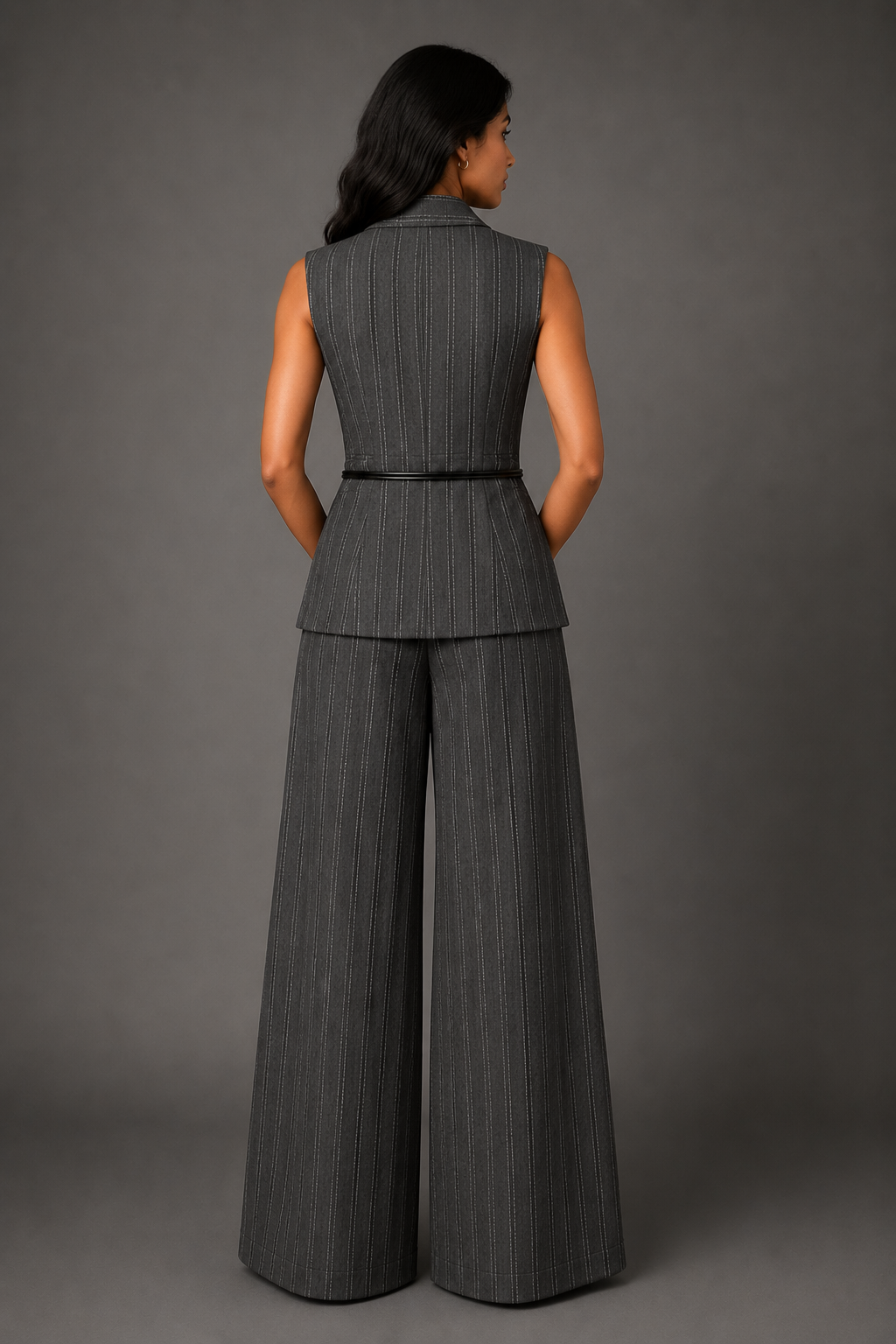 Woman wearing a gray pinstripe suit with wide-leg pants against a gray background