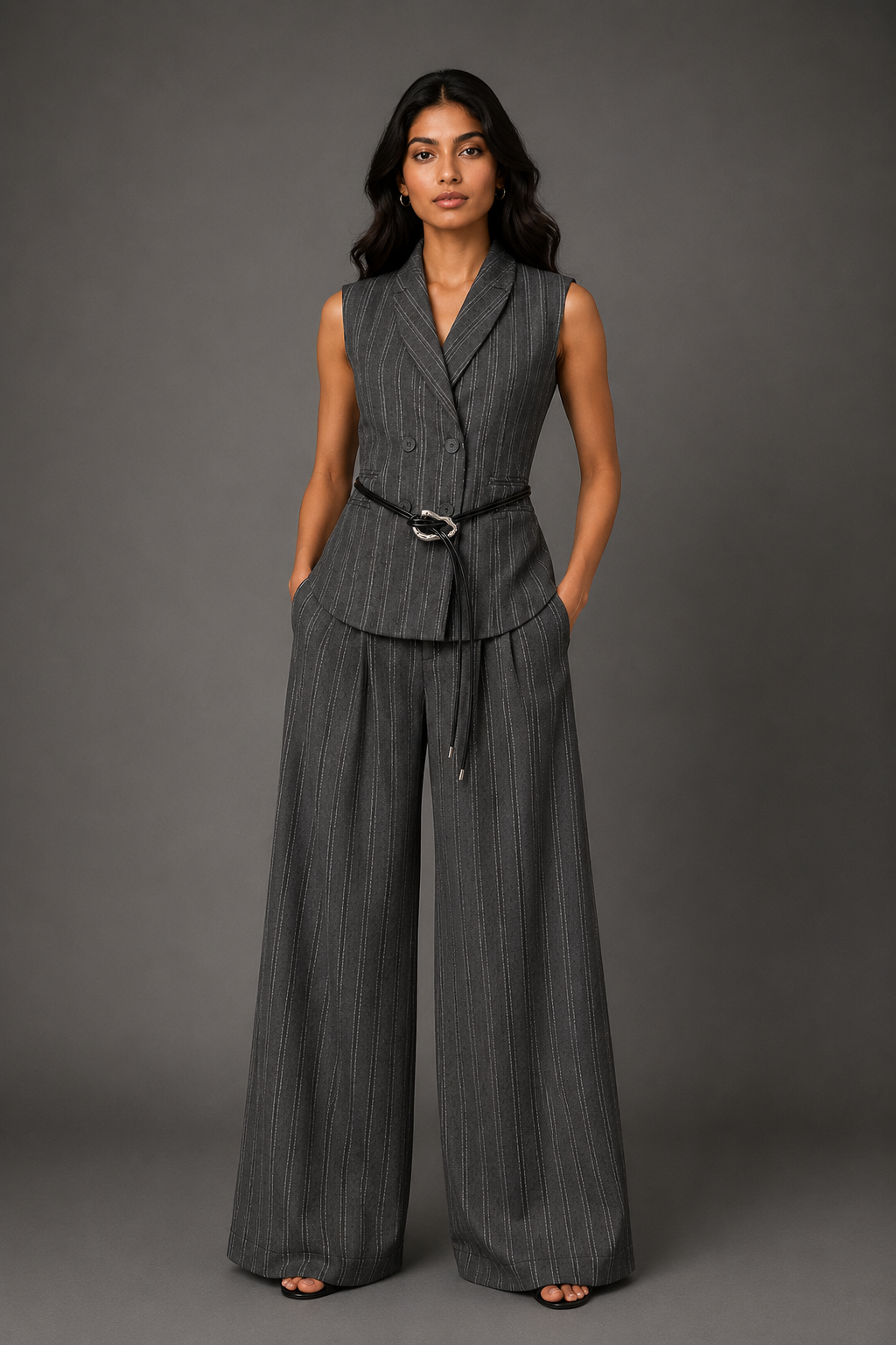 Woman wearing a gray pinstripe suit with wide-leg pants against a gray background