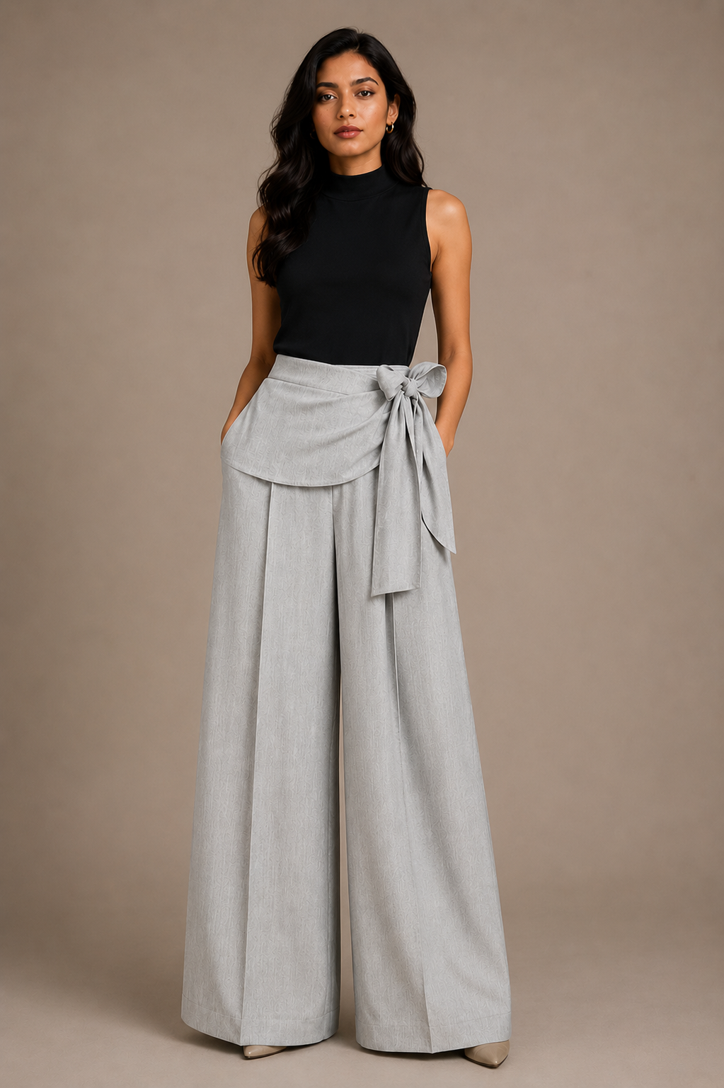 Woman wearing a black sleeveless top and light gray wide-leg pants with a belt against a beige background