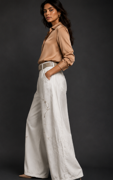 Woman wearing a beige blouse and white pants against a dark background