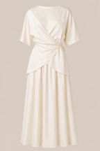 White dress with a draped design on a beige background